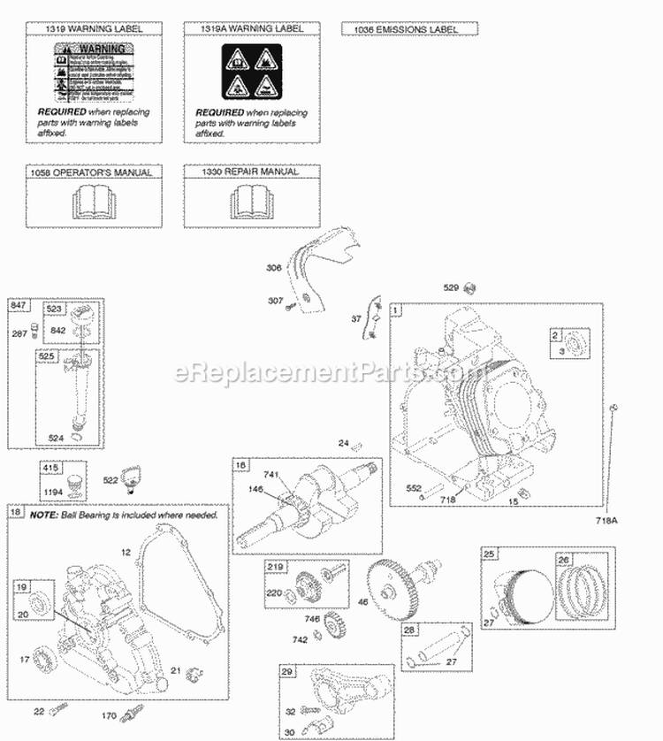 Camshaft Crankcase Cover Crankshaft Cylinder Lubrication OperatorS Manual PistonRingsConnecting Rod Warning Label Diagram and Parts List for 21S232-1110-F1  Briggs and Stratton Engine